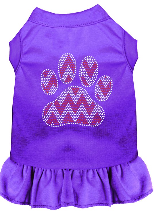 Candy Cane Chevron Paw Rhinestone Dog Dress Purple Med